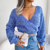 Cross V-Neck Lantern Sleeve Cropped Sweater