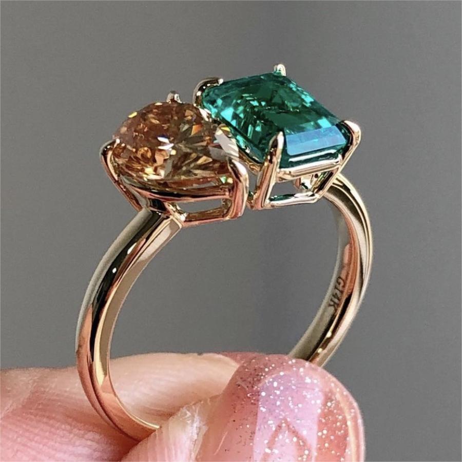 Double Main Stone Lady Green Yellow Ring