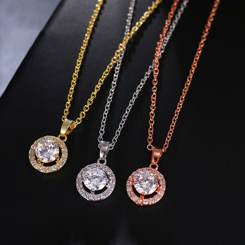 Manifold Simple Round Zircon Necklace Earrings Two-piece Set