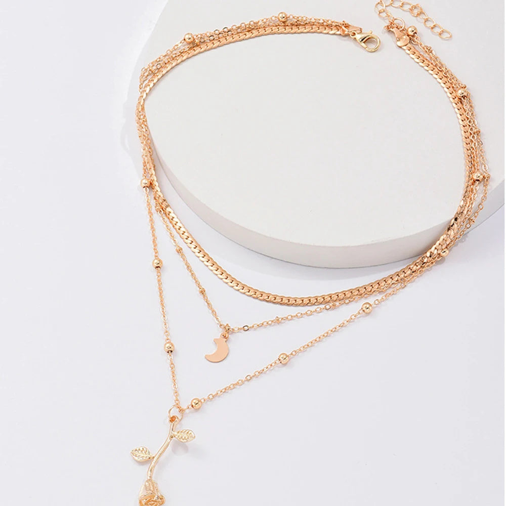 Rose Flower Multilayer Moon Necklace