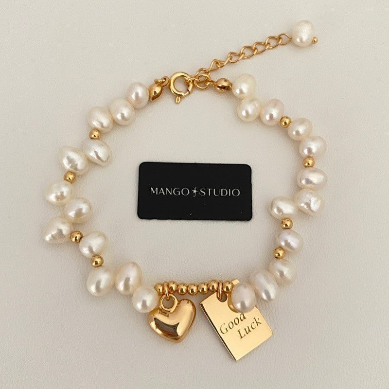 Pearl Lucky Square Plate Heart Bracelet