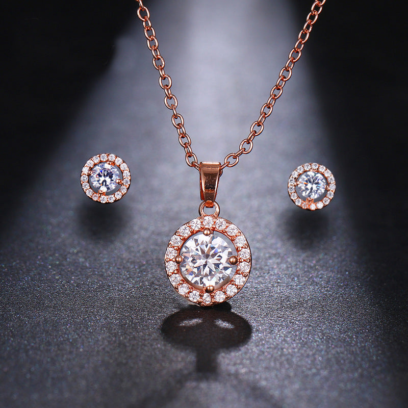 Manifold Simple Round Zircon Necklace Earrings Two-piece Set