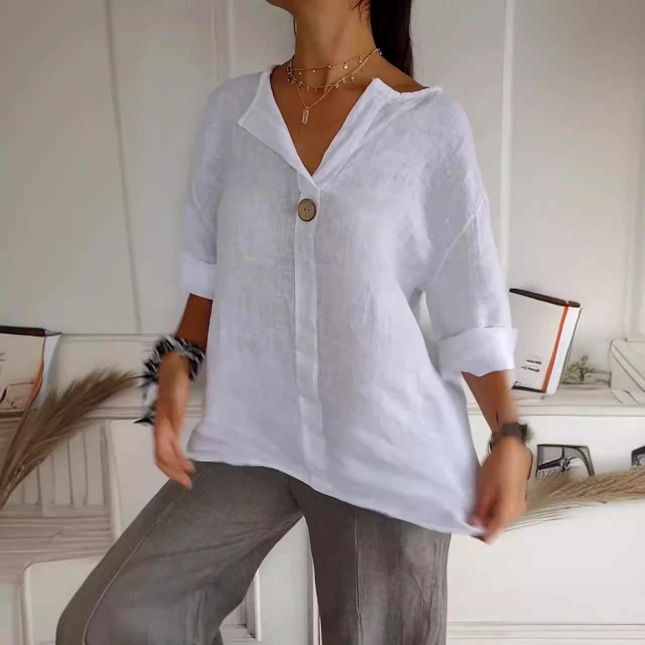 Cotton And Linen Button Top