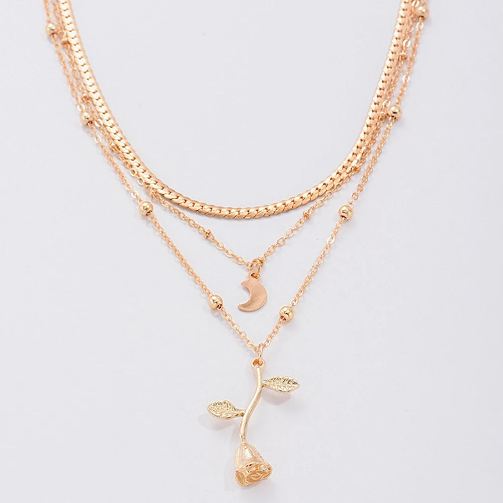 Rose Flower Multilayer Moon Necklace