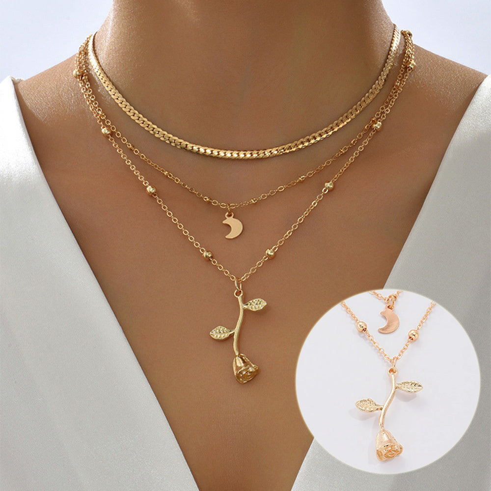 Rose Flower Multilayer Moon Necklace