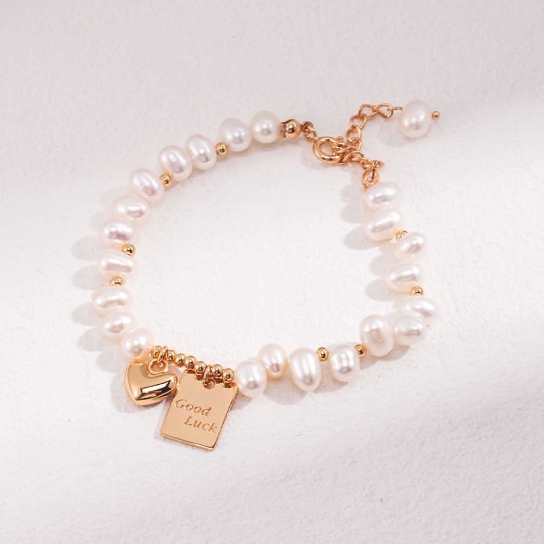 Pearl Lucky Square Plate Heart Bracelet