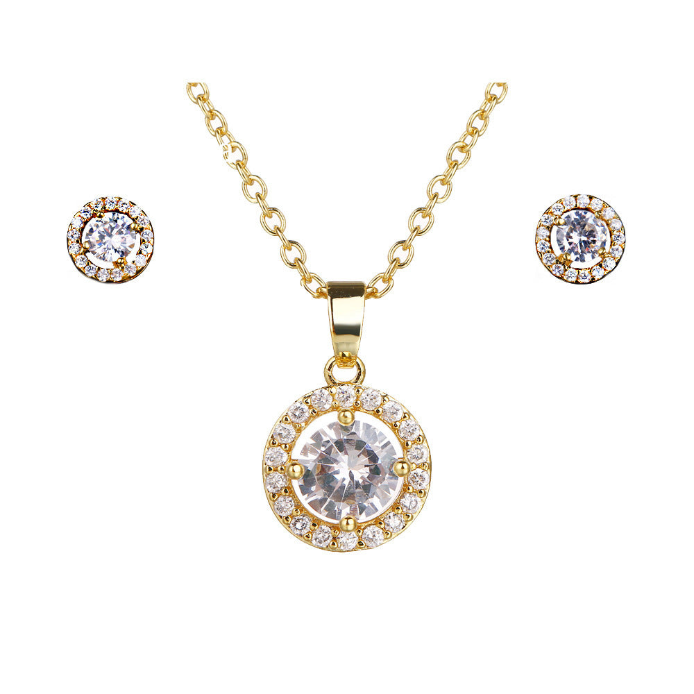 Manifold Simple Round Zircon Necklace Earrings Two-piece Set