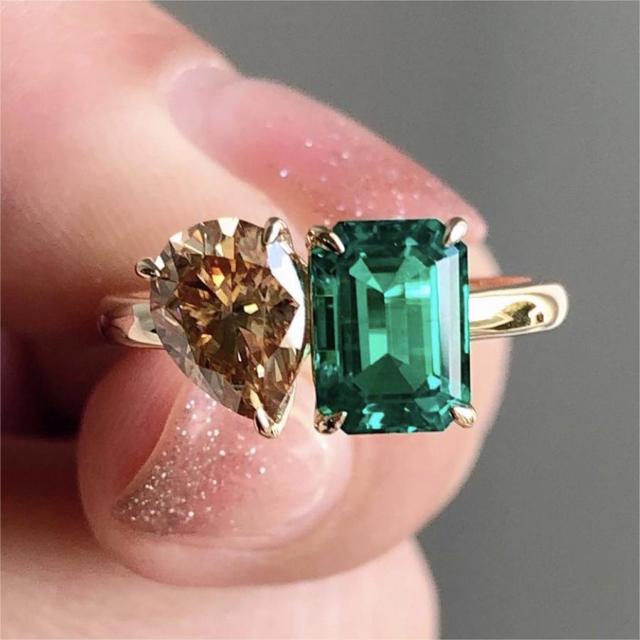 Double Main Stone Lady Green Yellow Ring