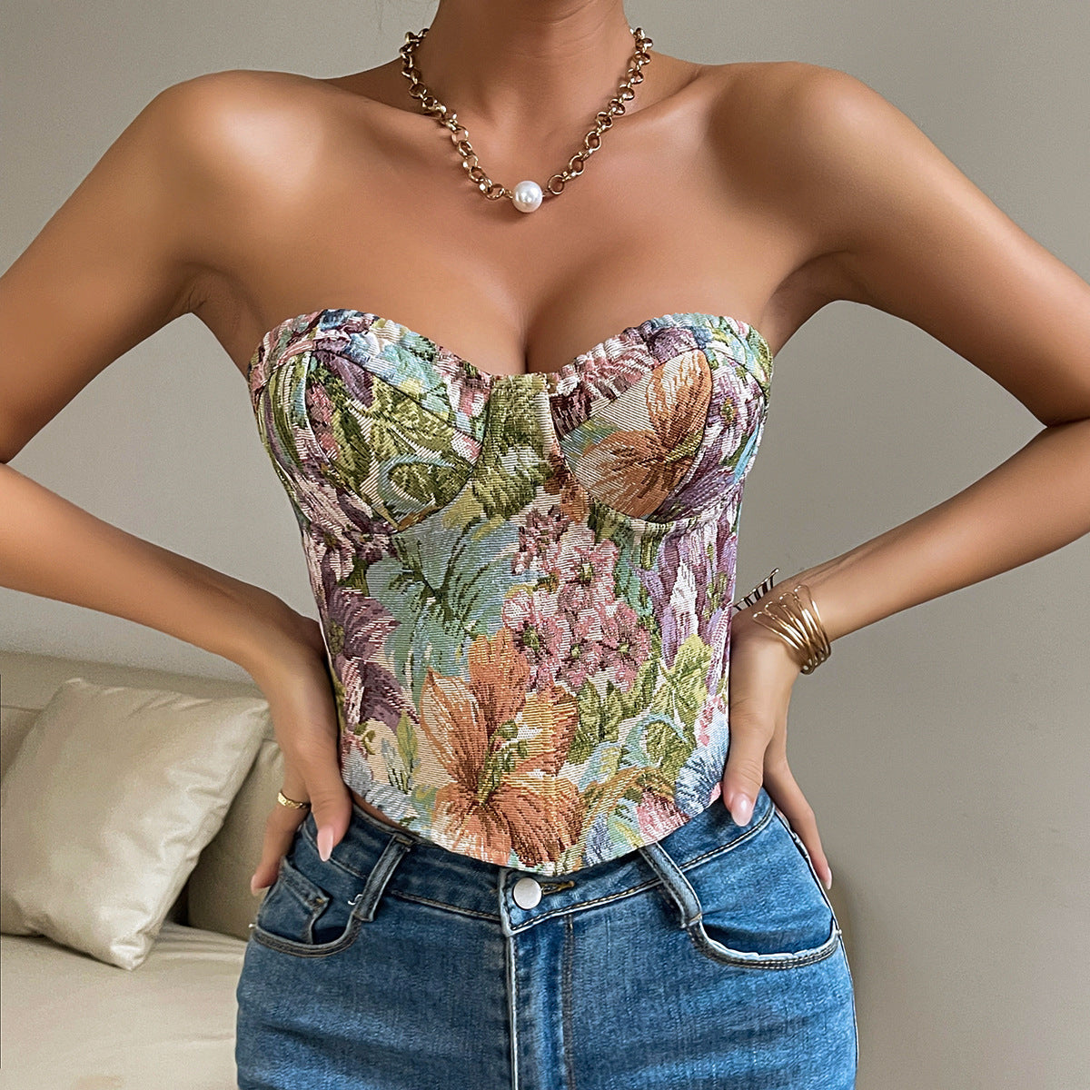 Y2K Floral Print Tube Vest Top